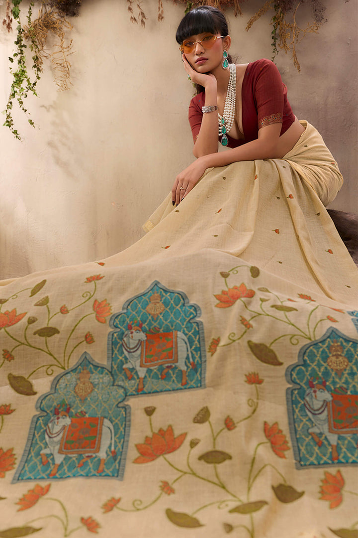 Brandy Beige Munga Cotton Silk Saree