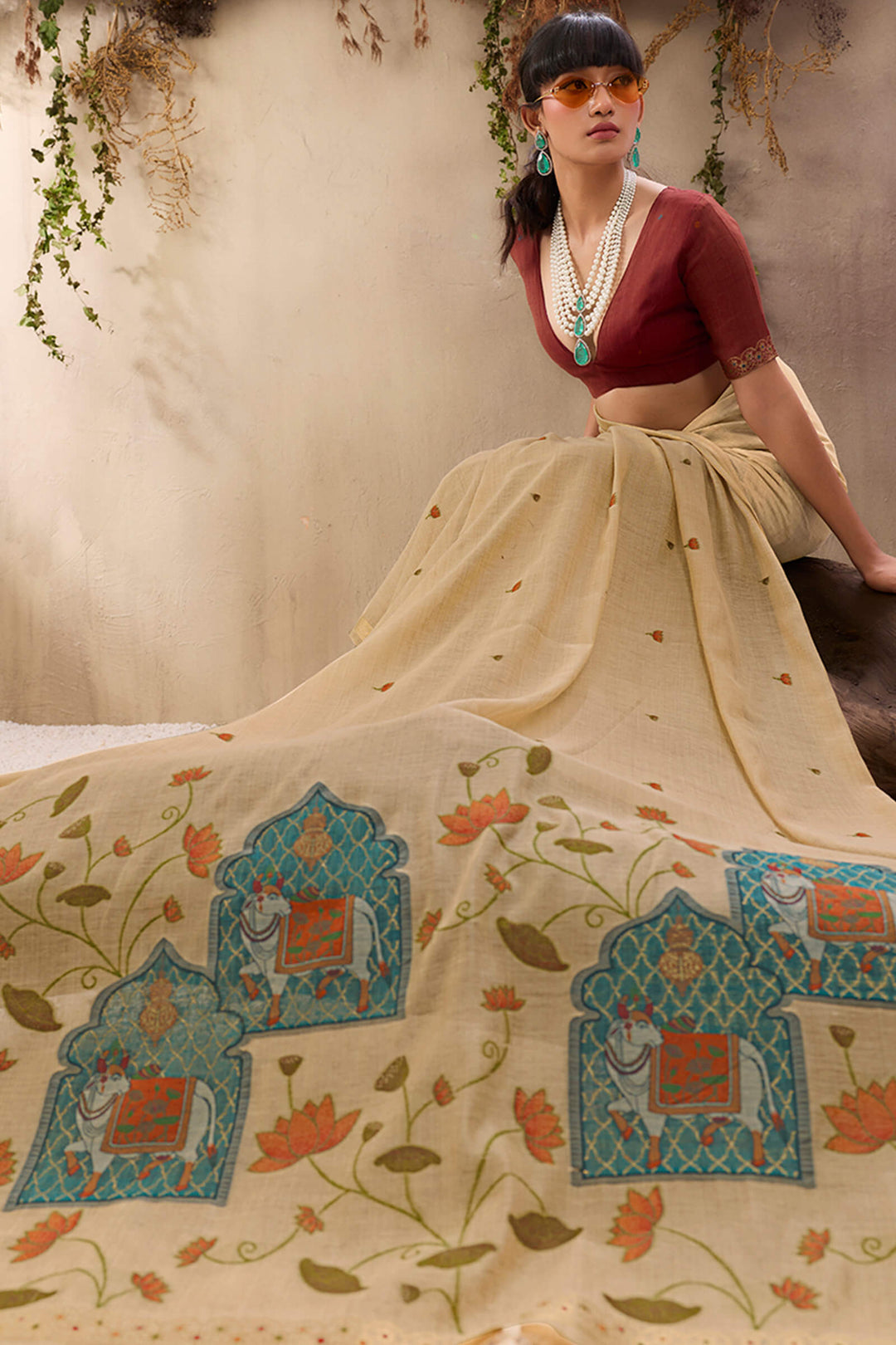 Brandy Beige Munga Cotton Silk Saree