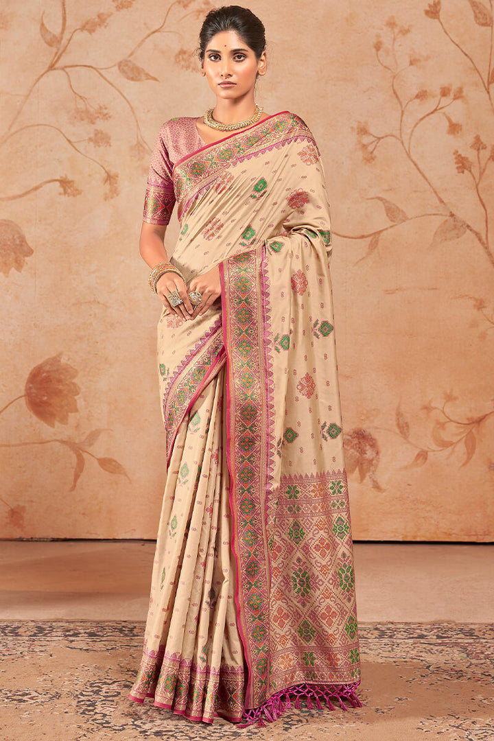 Brandy Beige Woven Soft Banarasi Silk Saree