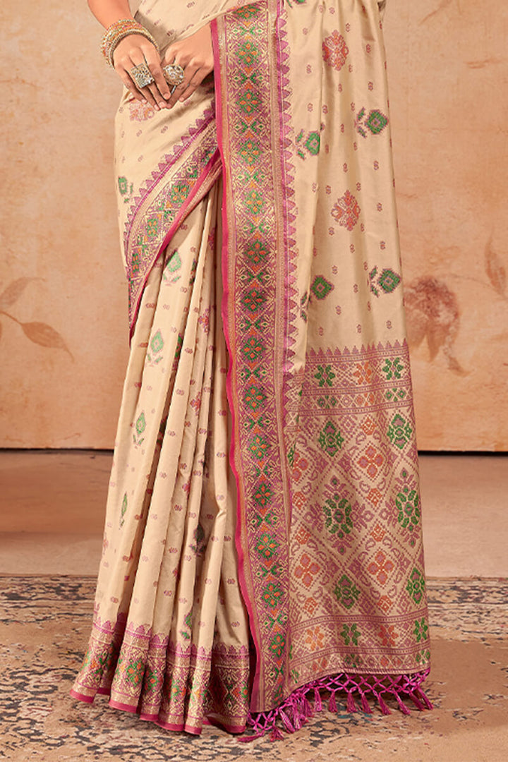 Brandy Beige Woven Soft Banarasi Silk Saree