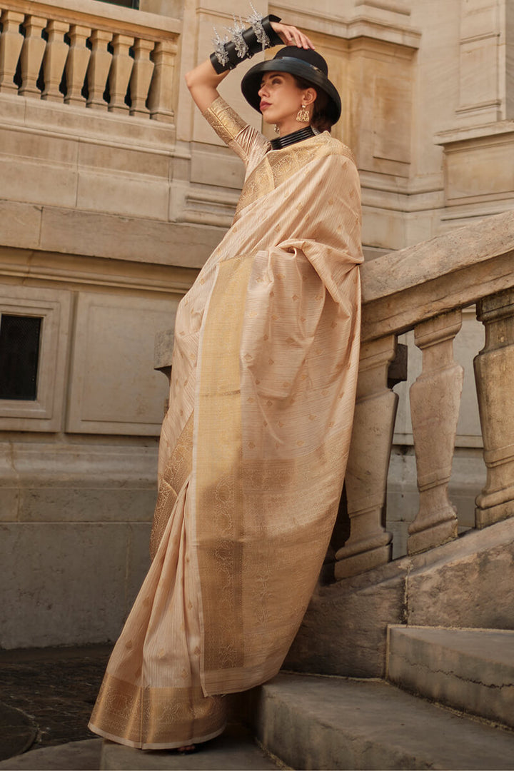 Brandy Beige Zari Woven Banarasi Silk Saree