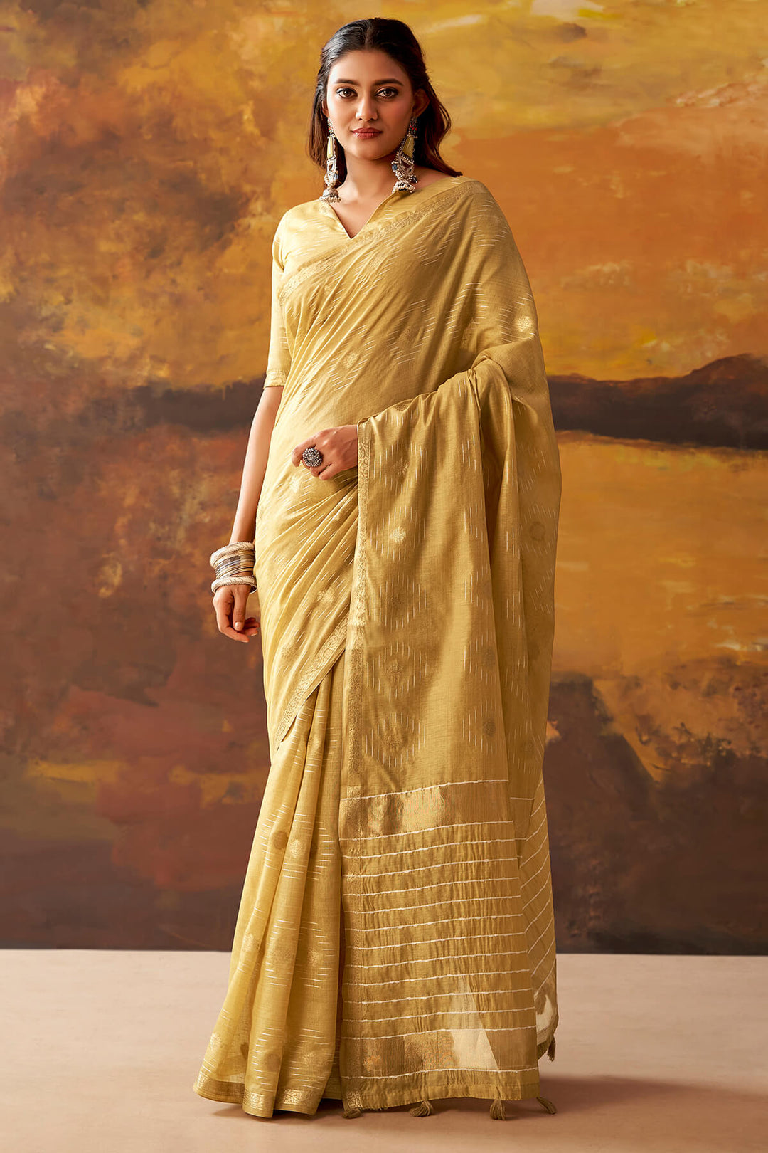 Brandy Beige Zari Woven Cotton Silk Saree