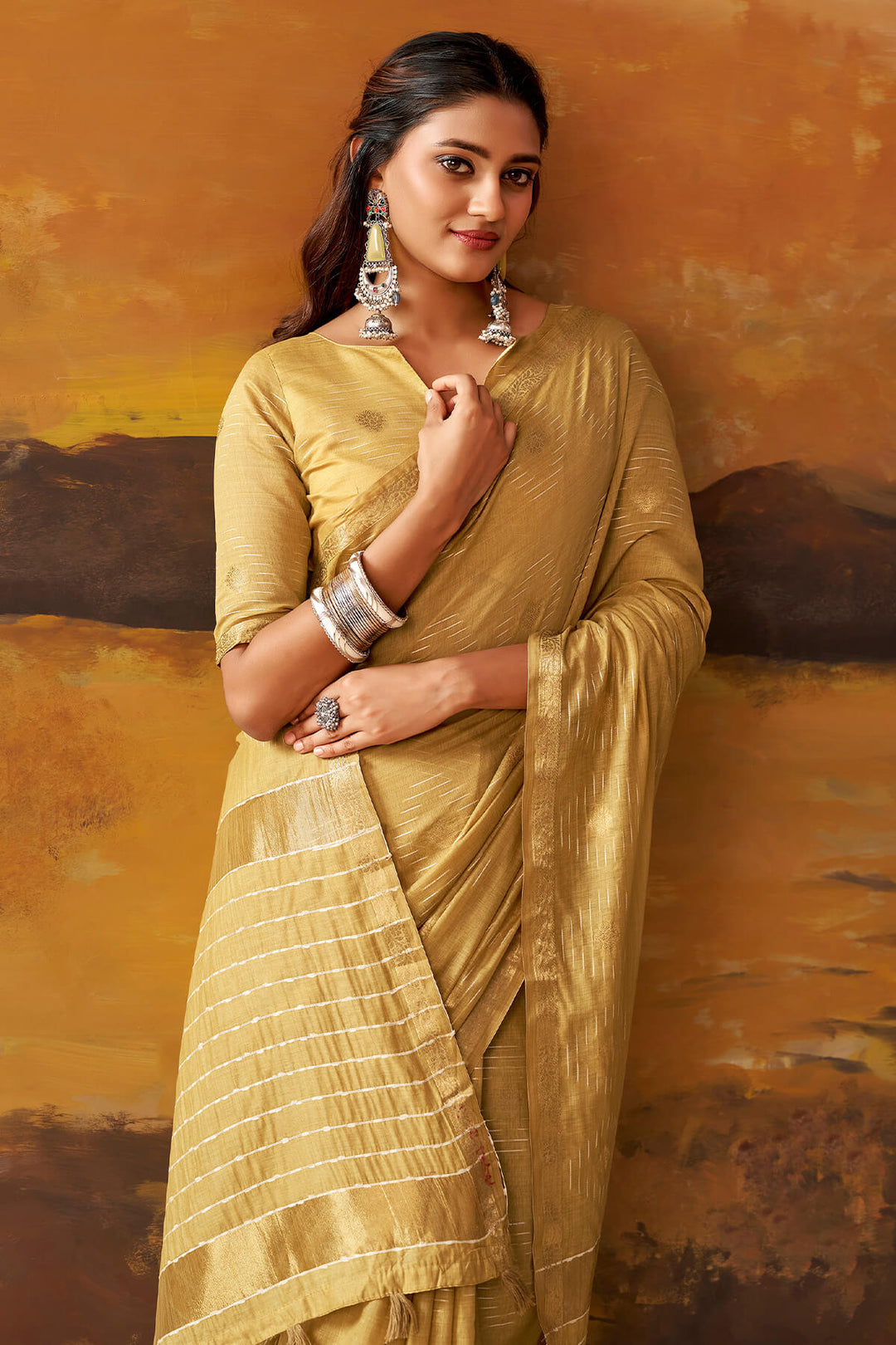 Brandy Beige Zari Woven Cotton Silk Saree