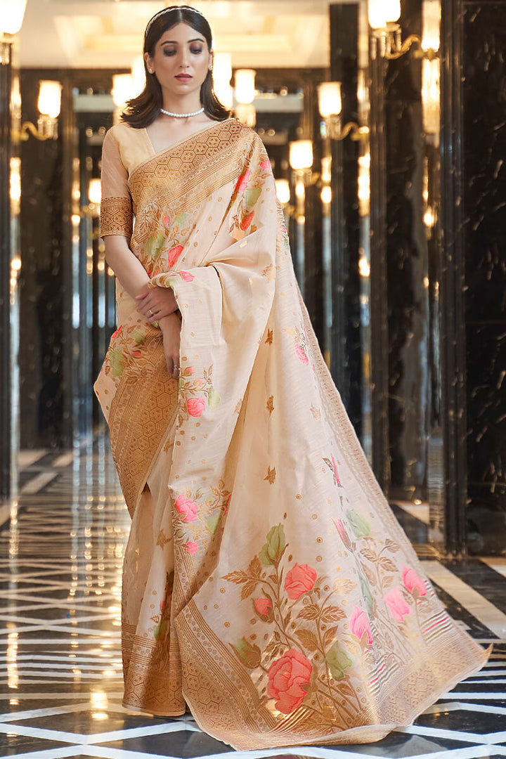 Brandy Beige Zari Woven Linen Silk Saree