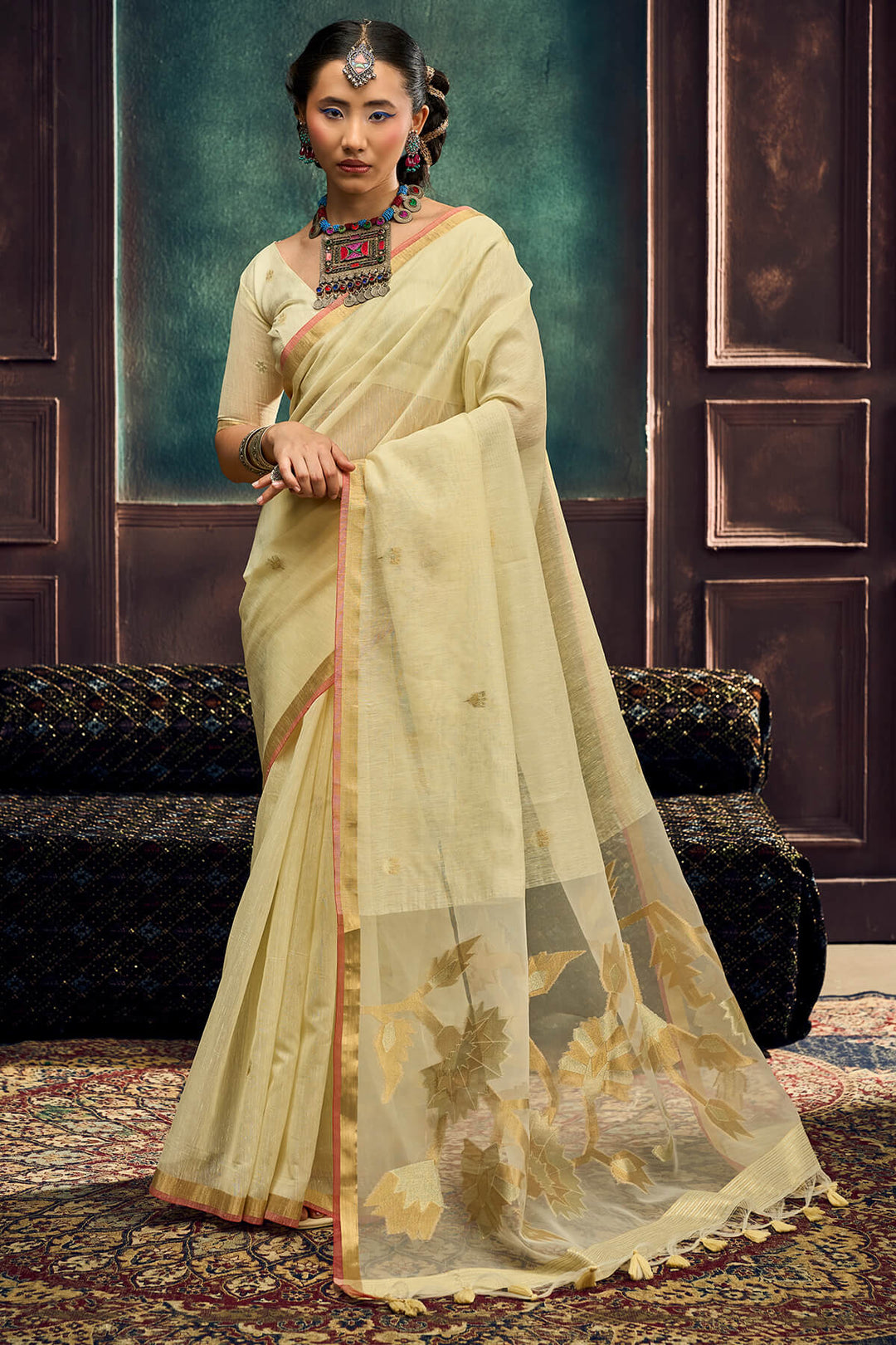 Brandy Beige Zari Woven Pure Munga Cotton saree