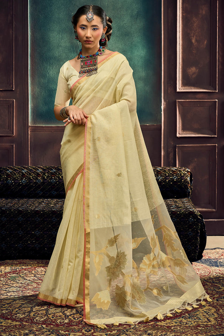 Brandy Beige Zari Woven Pure Munga Cotton saree
