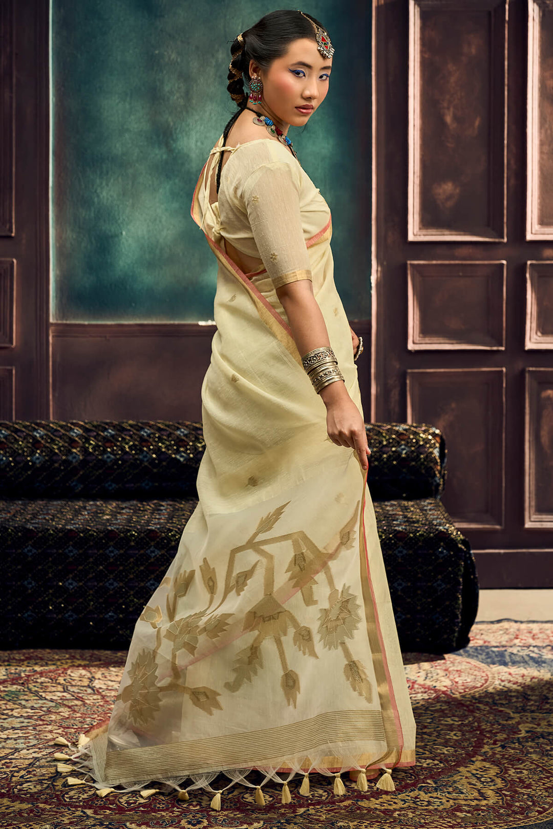 Brandy Beige Zari Woven Pure Munga Cotton saree