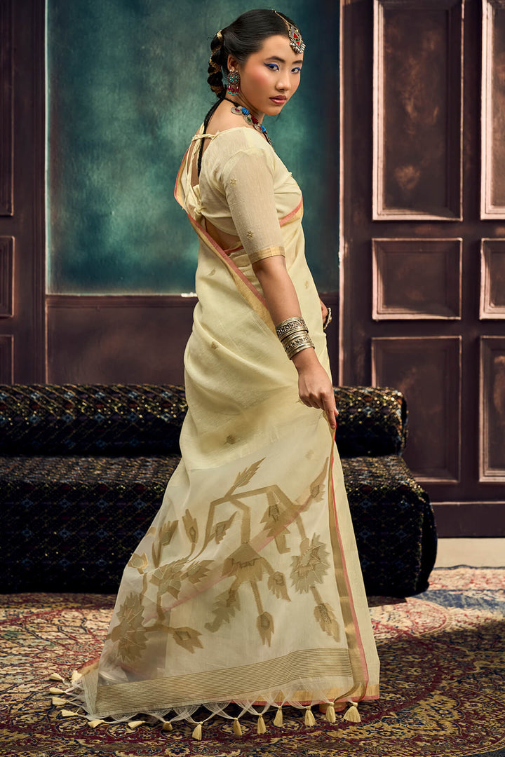 Brandy Beige Zari Woven Pure Munga Cotton saree