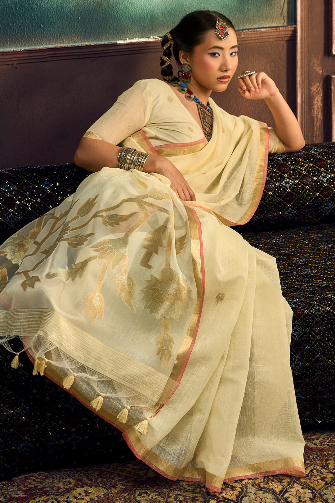 Brandy Beige Zari Woven Pure Munga Cotton saree