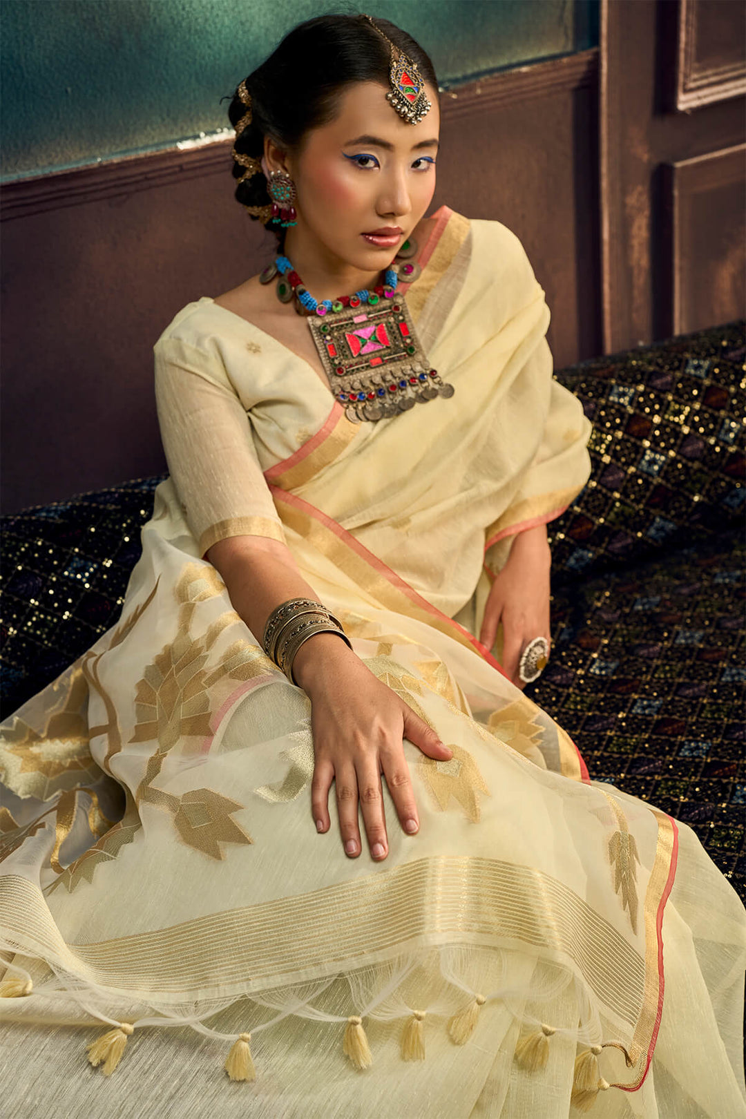 Brandy Beige Zari Woven Pure Munga Cotton saree