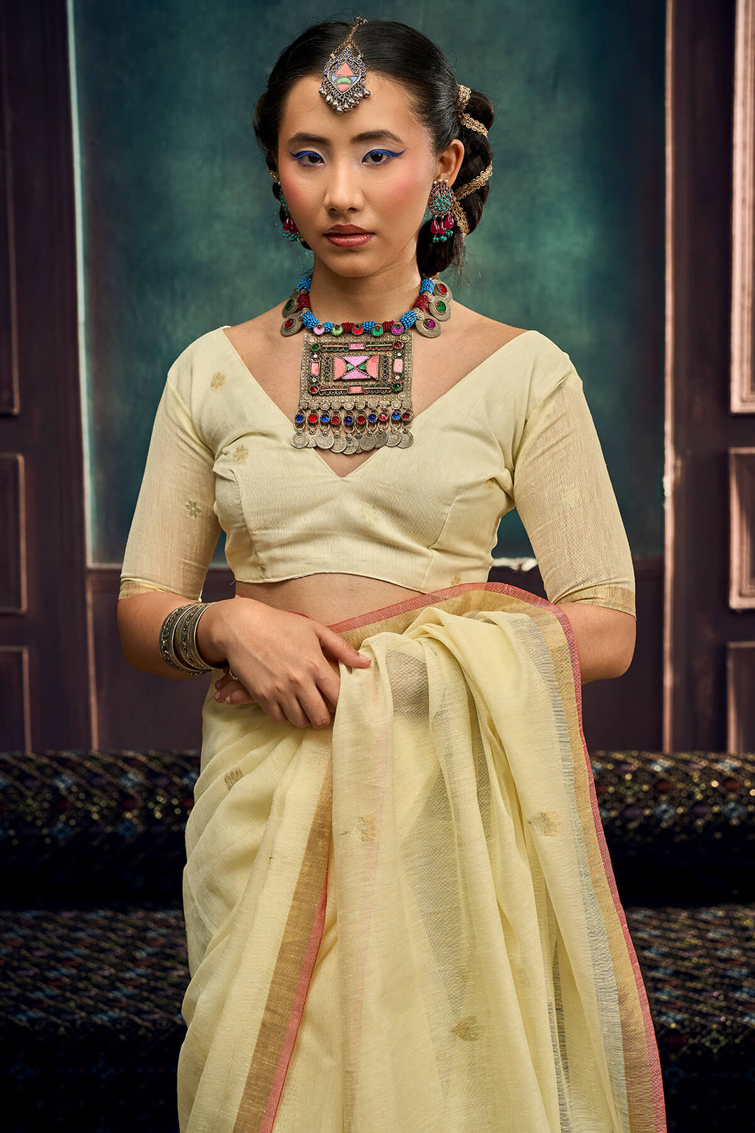Brandy Beige Zari Woven Pure Munga Cotton saree