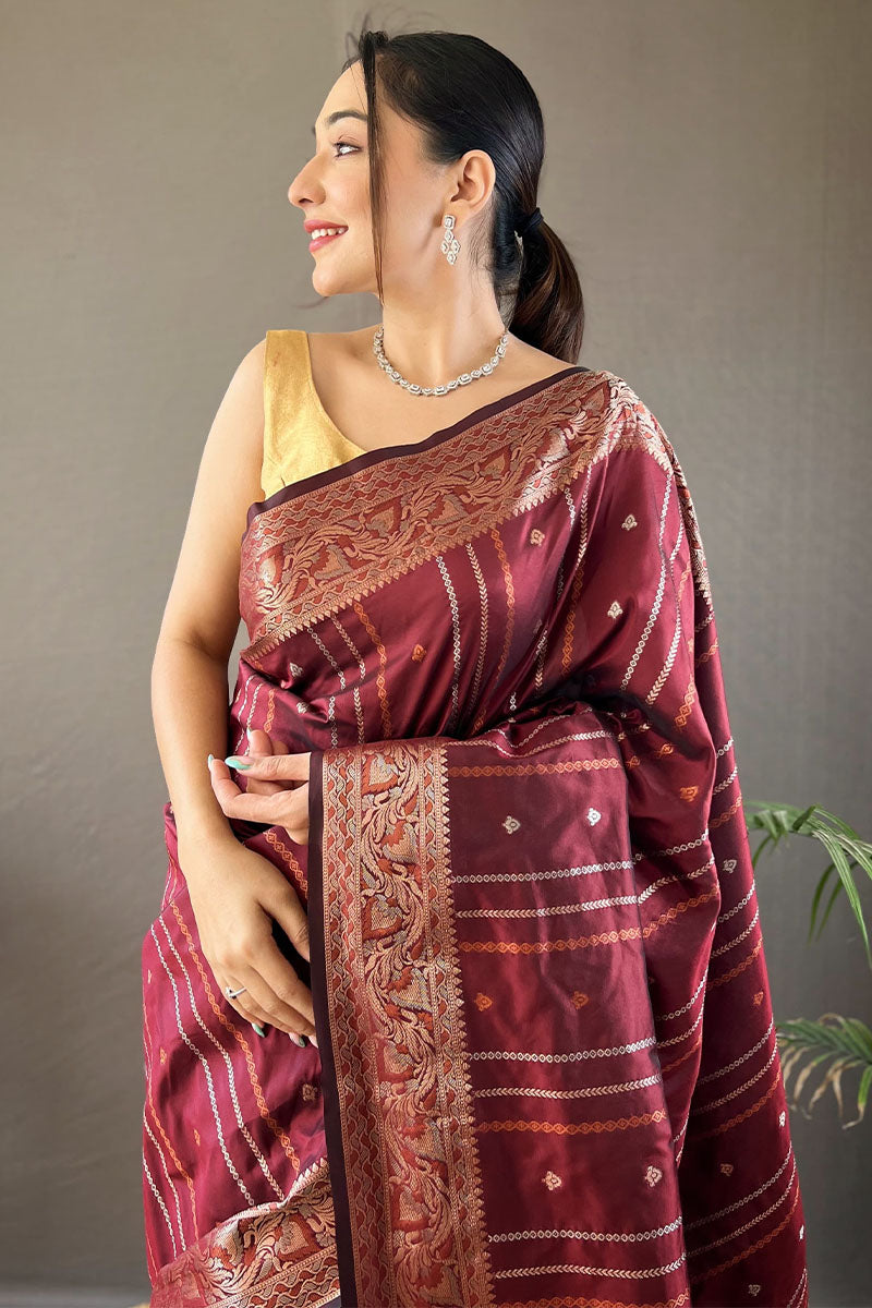 Brick Maroon Soft Banarasi Silk Saree