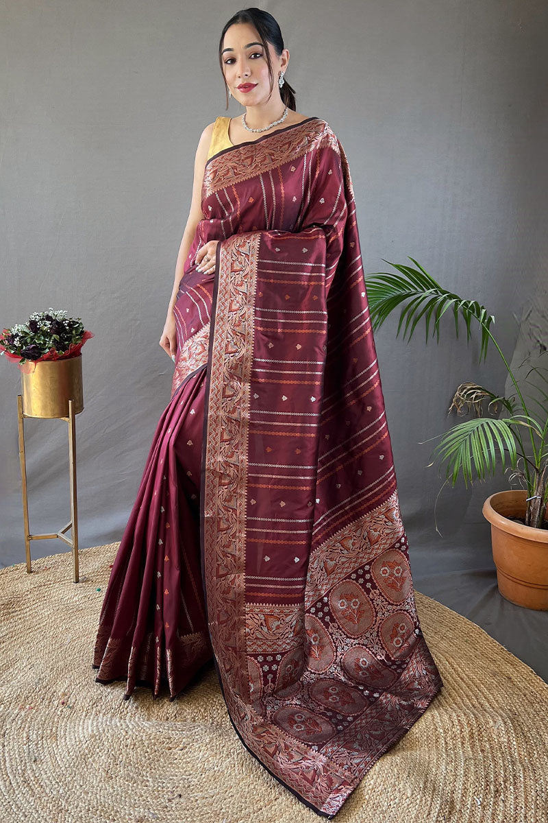 Brick Maroon Soft Banarasi Silk Saree