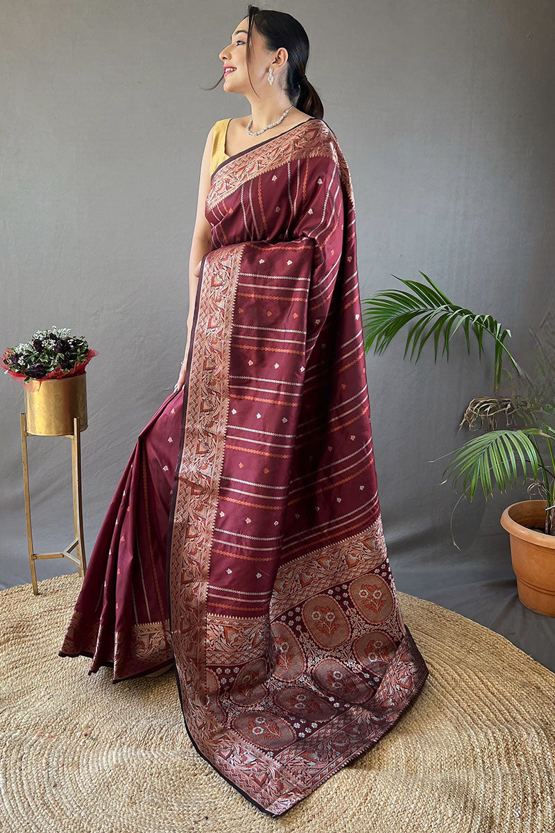 Brick Maroon Soft Banarasi Silk Saree