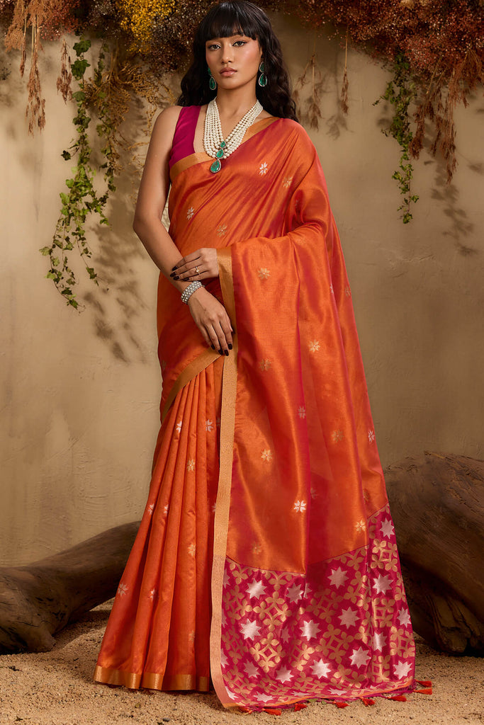 Brick Orange Woven Tussar Silk Saree