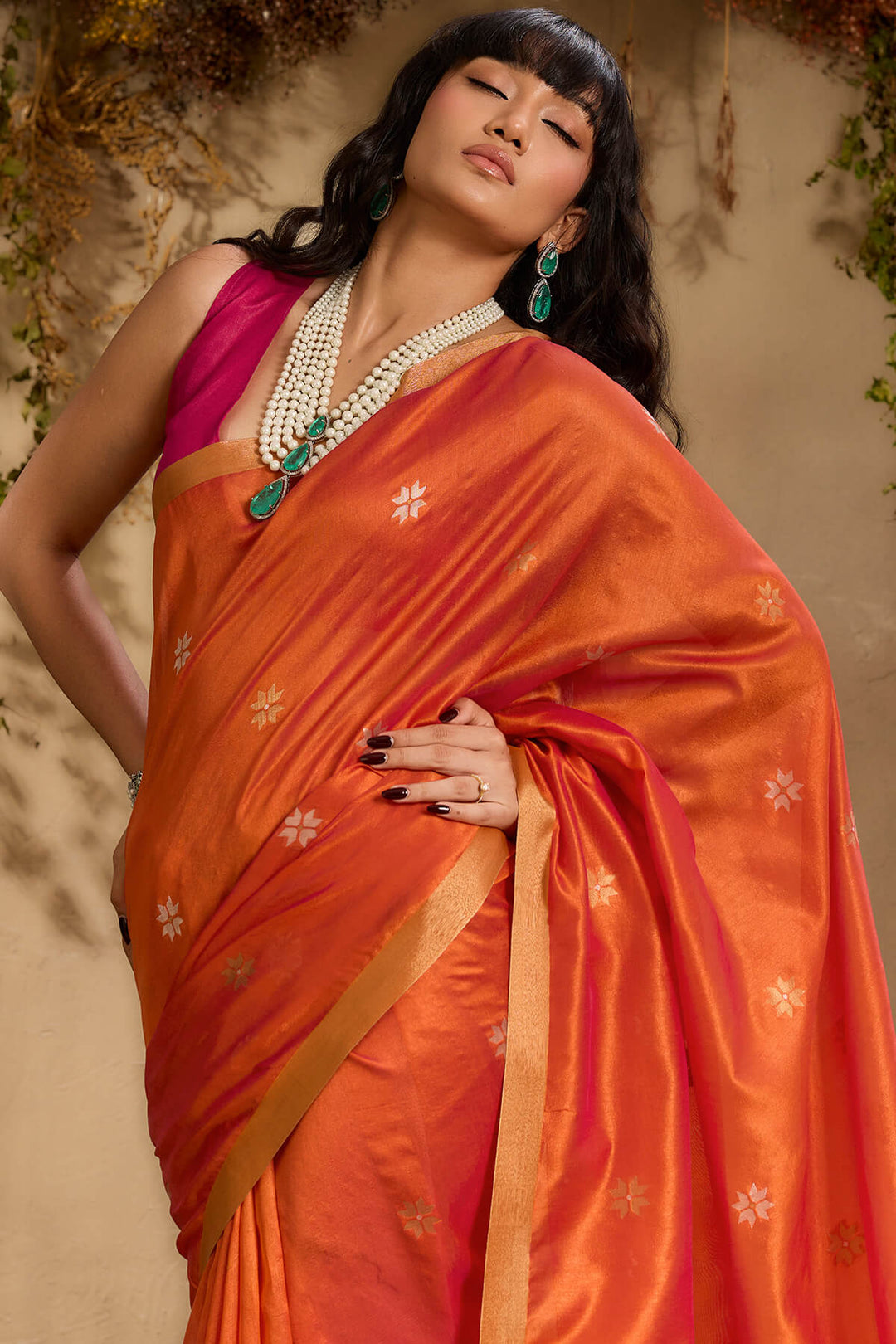 Brick Orange Woven Tussar Silk Saree