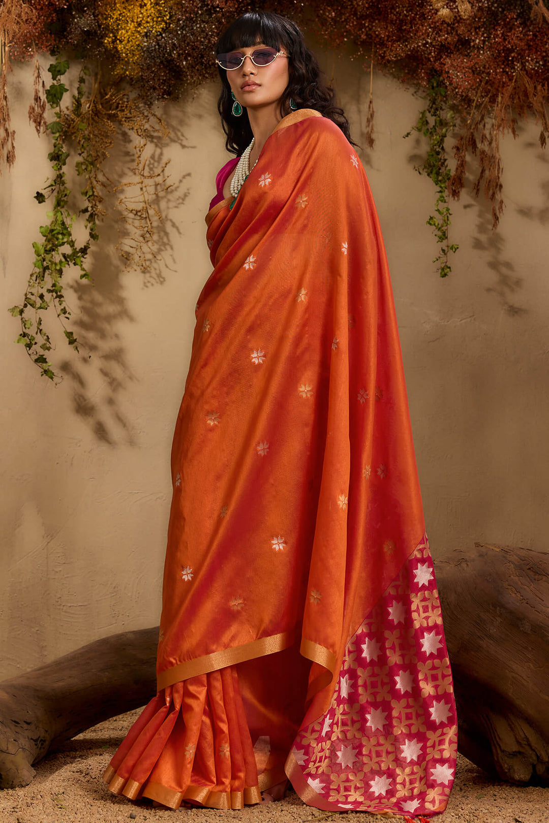 Brick Orange Woven Tussar Silk Saree
