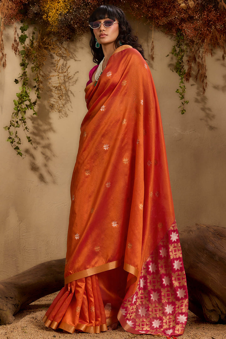 Brick Orange Woven Tussar Silk Saree
