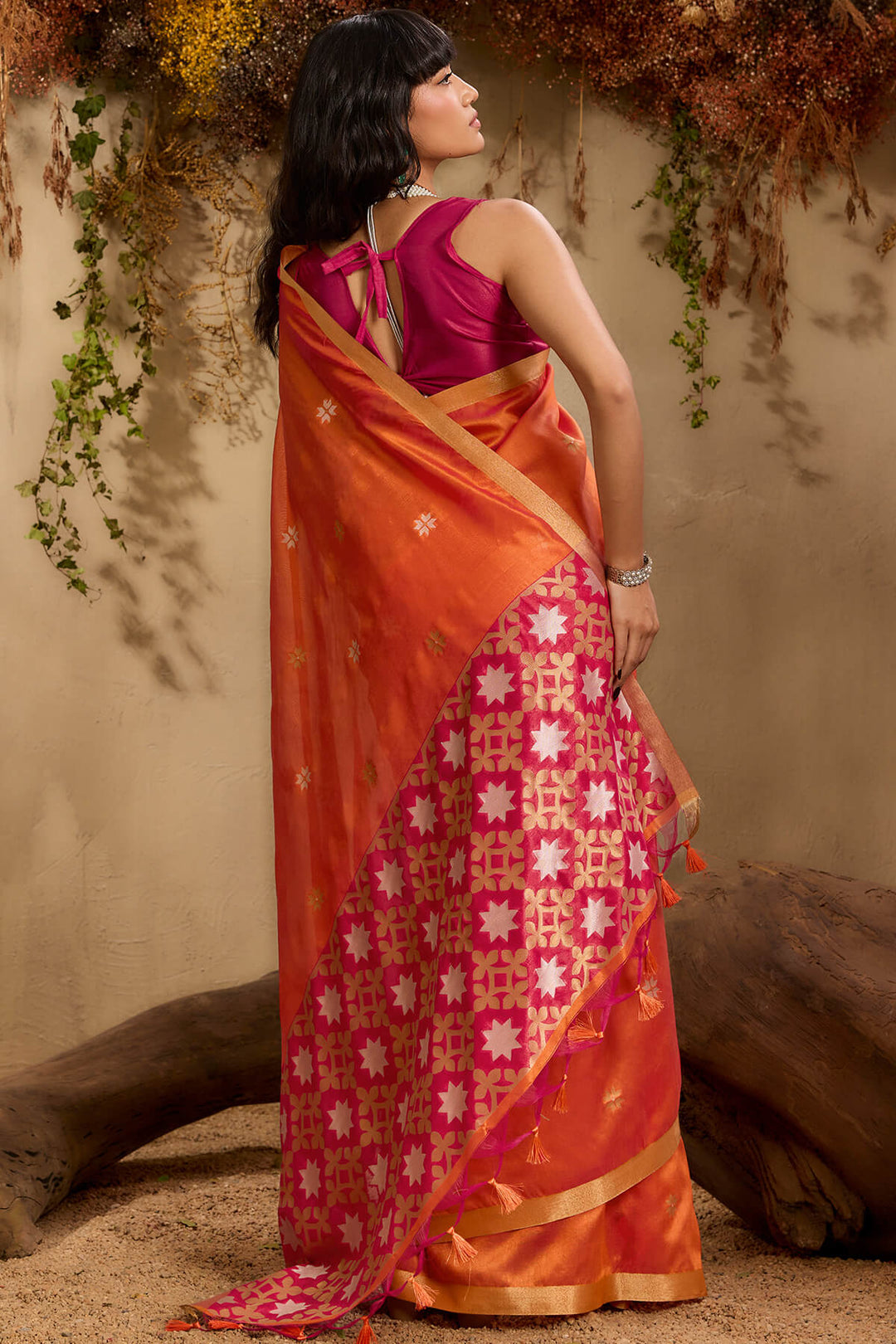 Brick Orange Woven Tussar Silk Saree