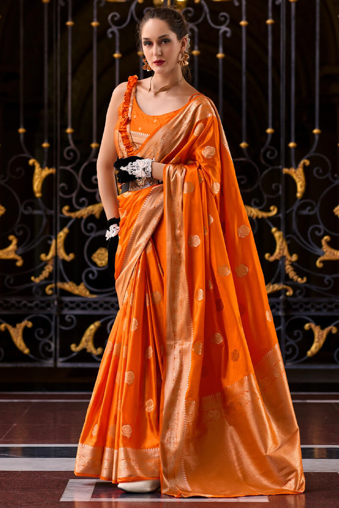 Brick Orange Zari Woven Banarasi Satin Silk Saree