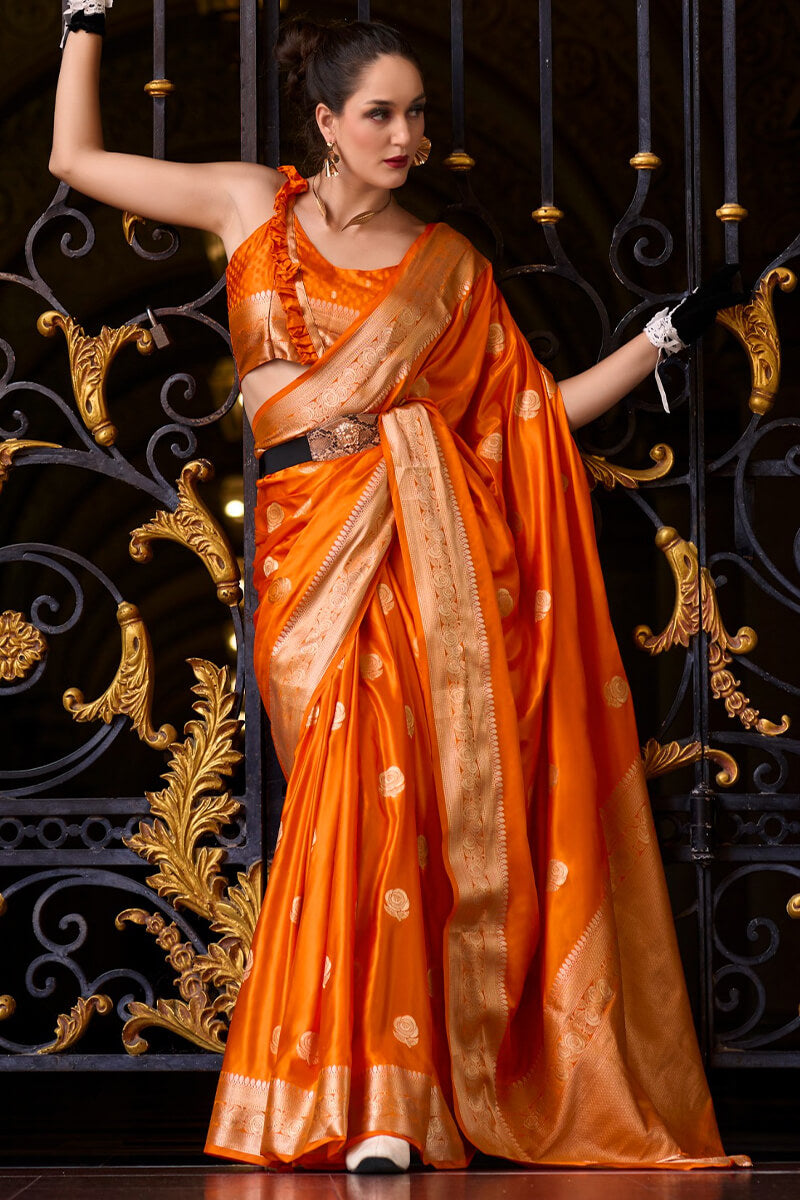 Brick Orange Zari Woven Banarasi Satin Silk Saree