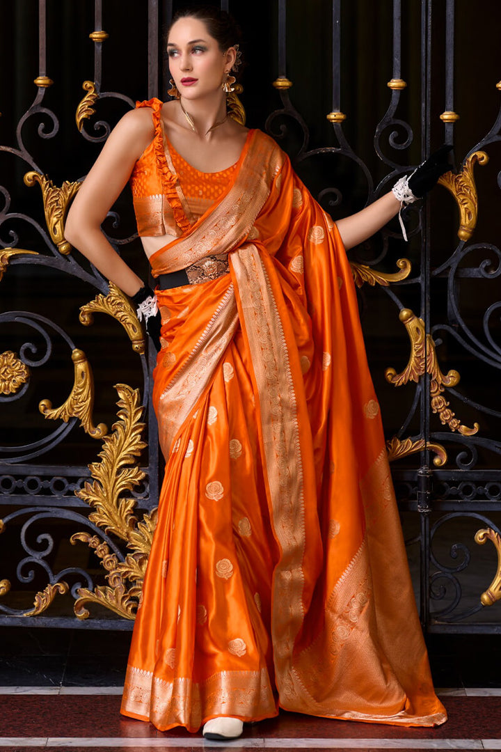 Brick Orange Zari Woven Banarasi Satin Silk Saree