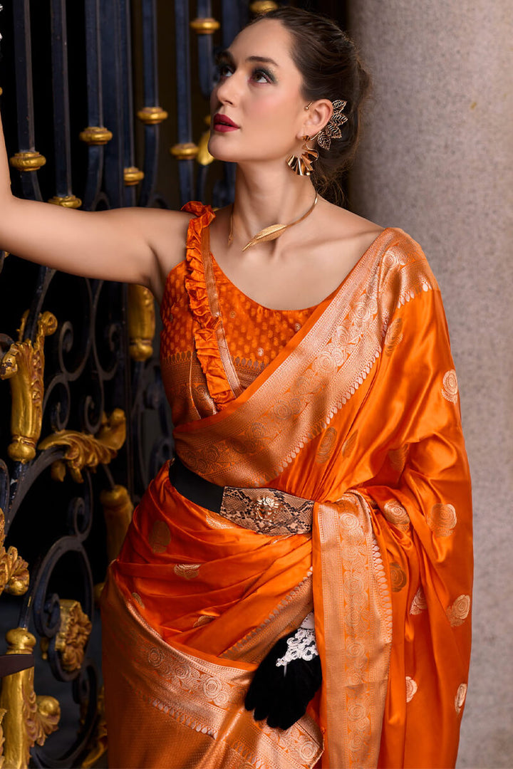 Brick Orange Zari Woven Banarasi Satin Silk Saree