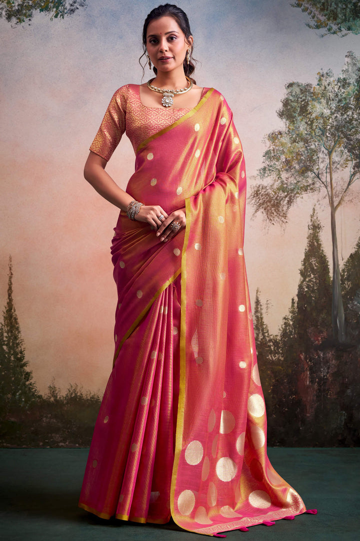 Brick Pink Banarasi Tissue Silk Saree