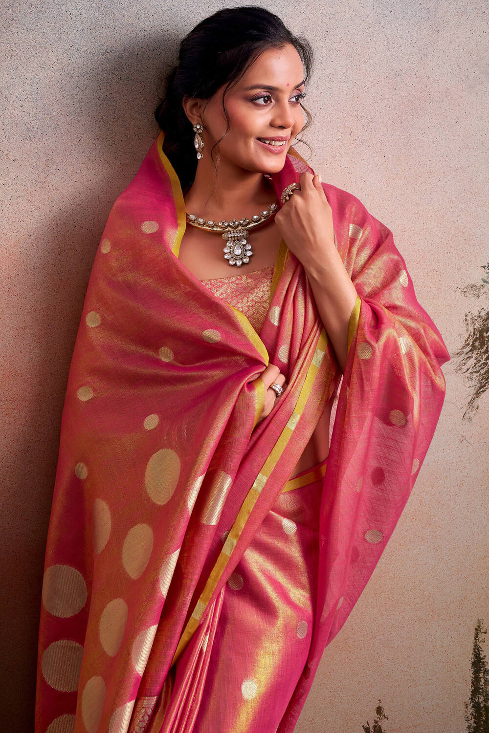 Brick Pink Banarasi Tissue Silk Saree
