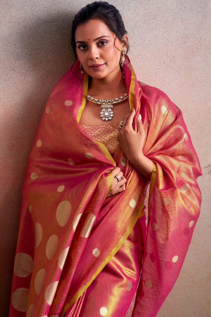 Brick Pink Banarasi Tissue Silk Saree