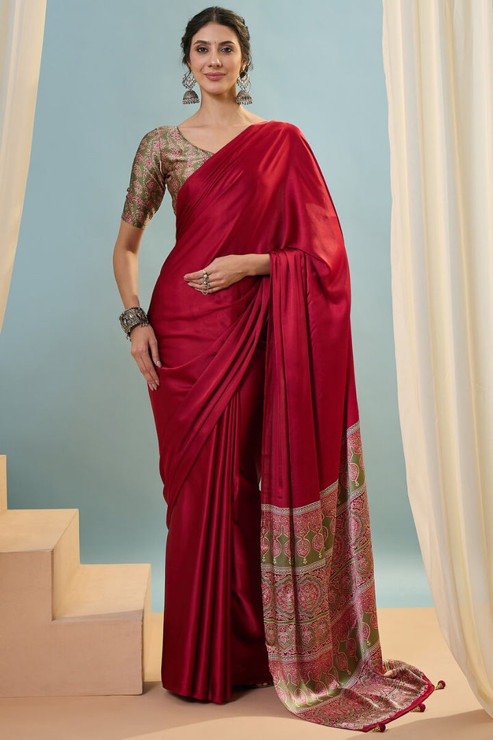 Brick Red Ajrakh Printed Satin Silk Saree