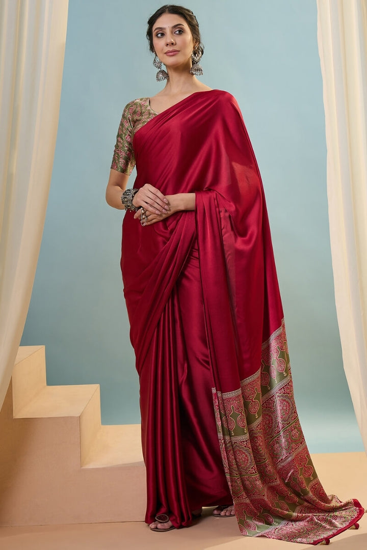 Brick Red Ajrakh Printed Satin Silk Saree