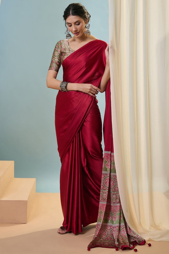 Brick Red Ajrakh Printed Satin Silk Saree