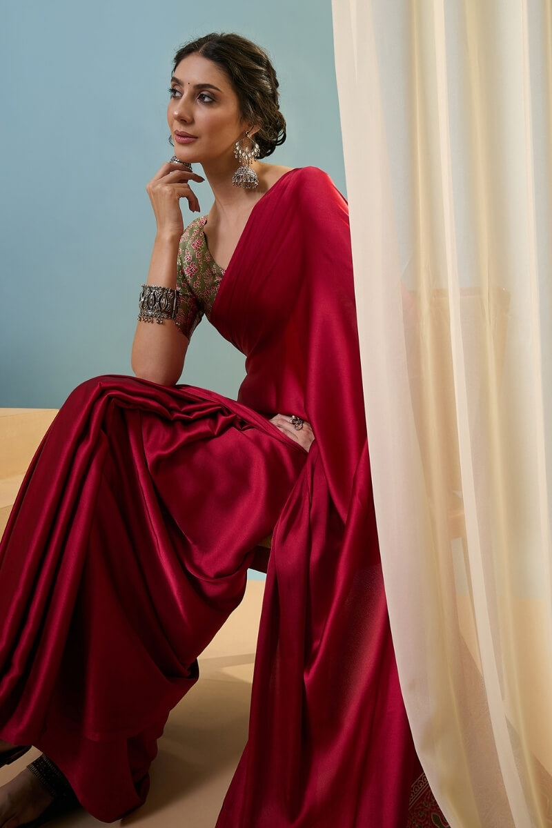 Brick Red Ajrakh Printed Satin Silk Saree