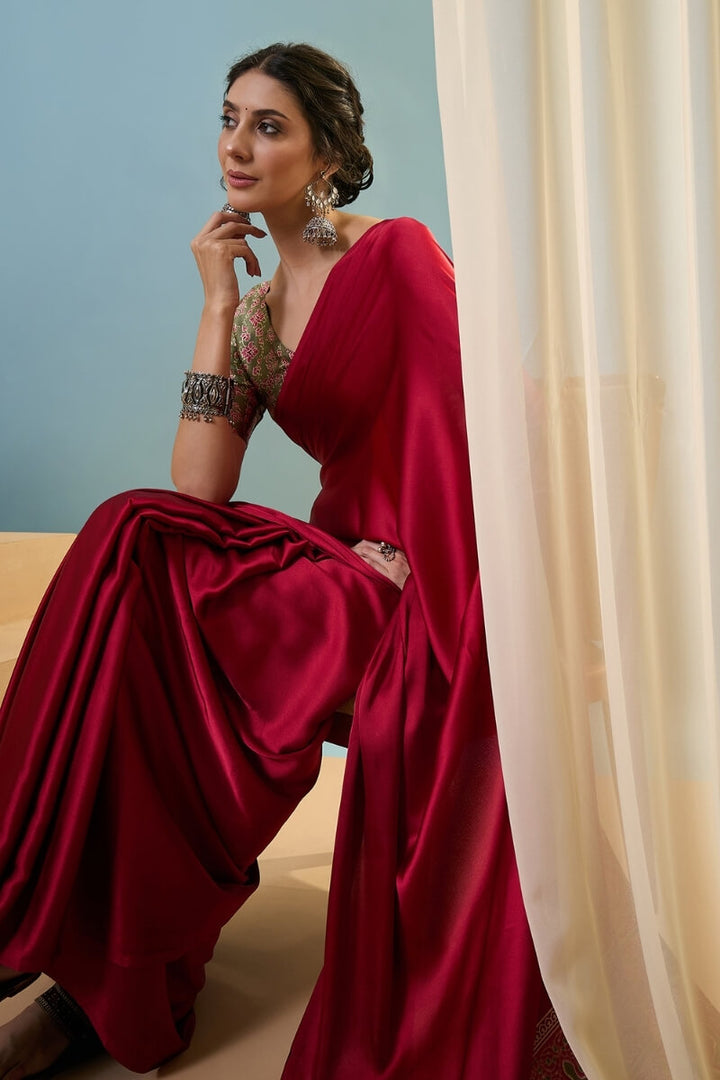 Brick Red Ajrakh Printed Satin Silk Saree