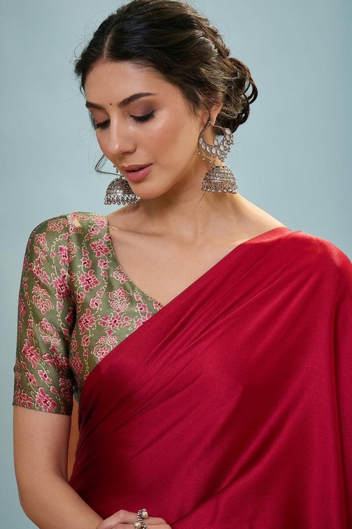 Brick Red Ajrakh Printed Satin Silk Saree