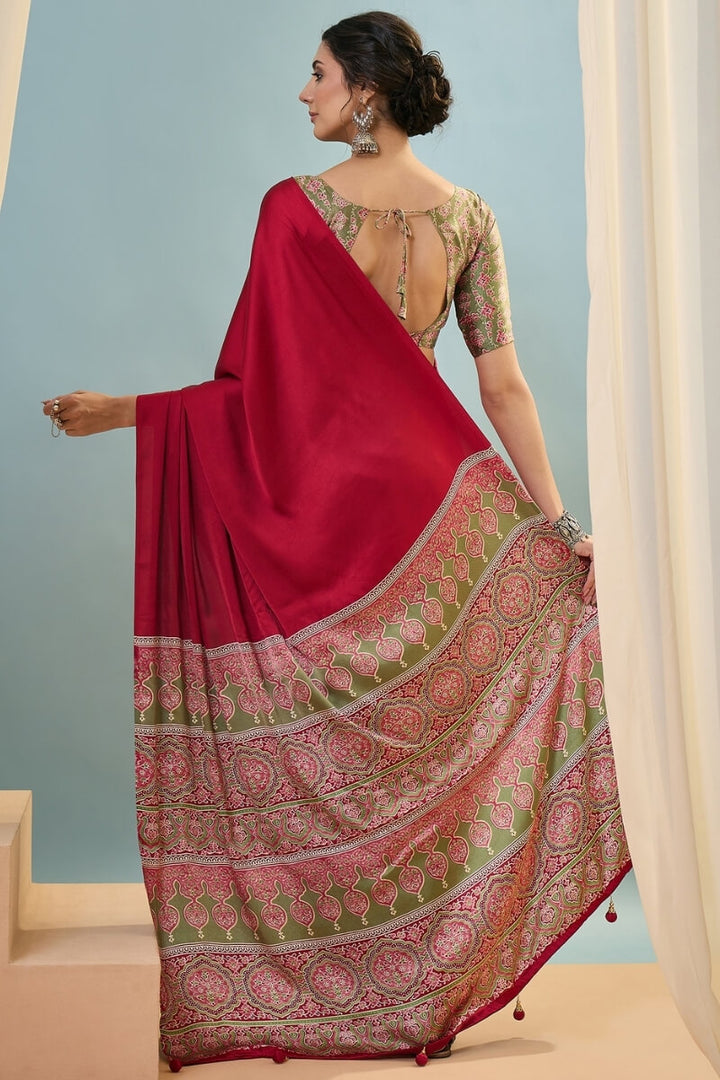 Brick Red Ajrakh Printed Satin Silk Saree