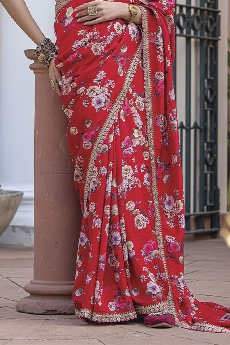 Brick Red Printed Pure Viscose Dola Silk Saree