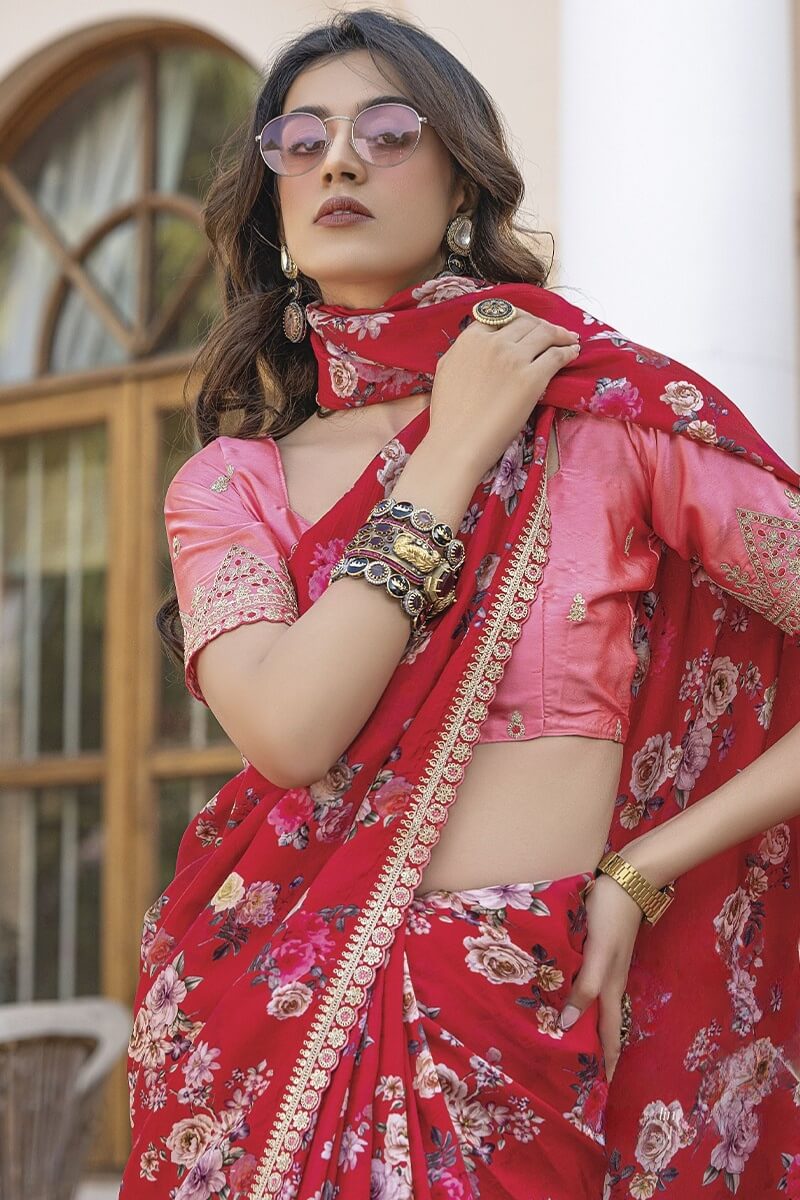 Brick Red Printed Pure Viscose Dola Silk Saree