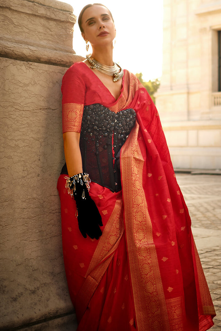 Brick Red Zari Woven Banarasi Silk Saree