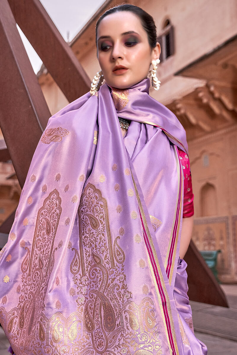 Bright Lavender Banarasi Satin Silk Saree