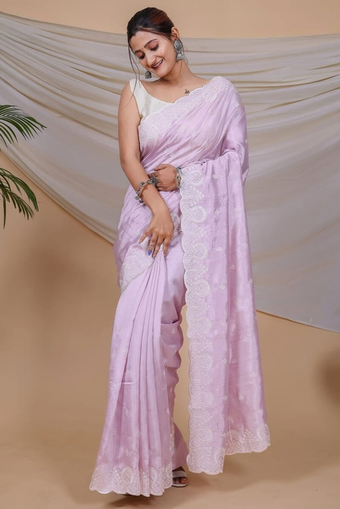 Bright Lavender Embroidered Soft Silk Saree