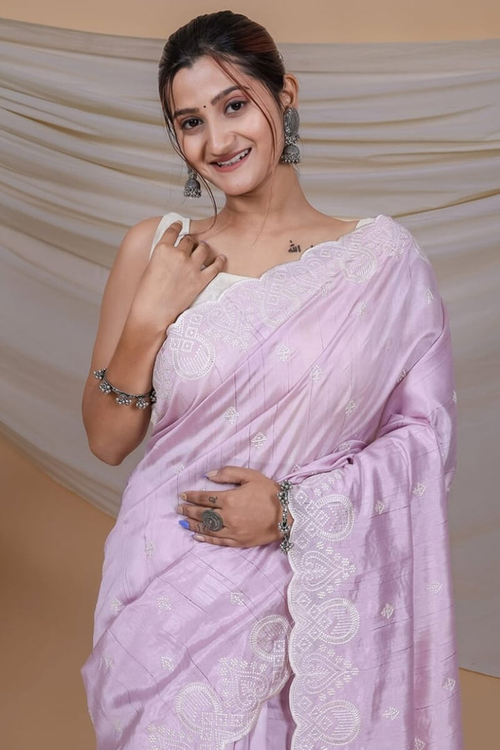 Bright Lavender Embroidered Soft Silk Saree