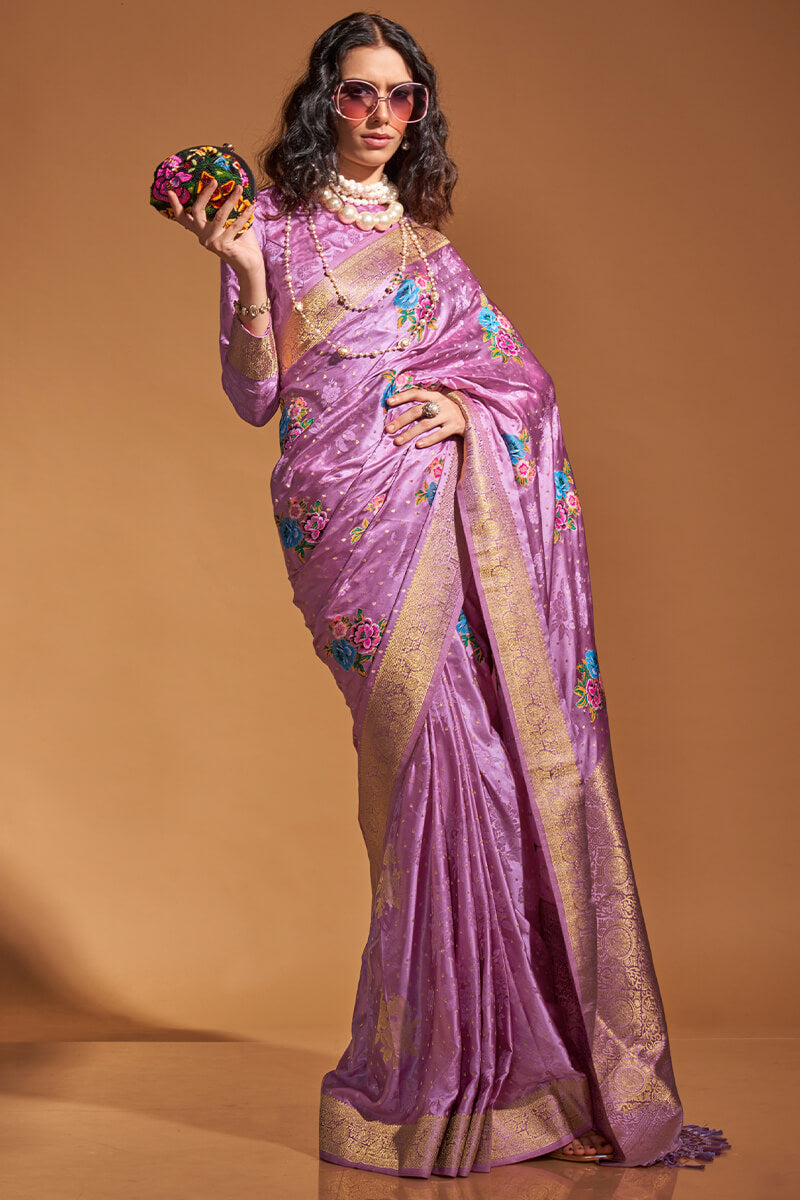 Bright Lavender Handloom Woven Satin Silk Saree