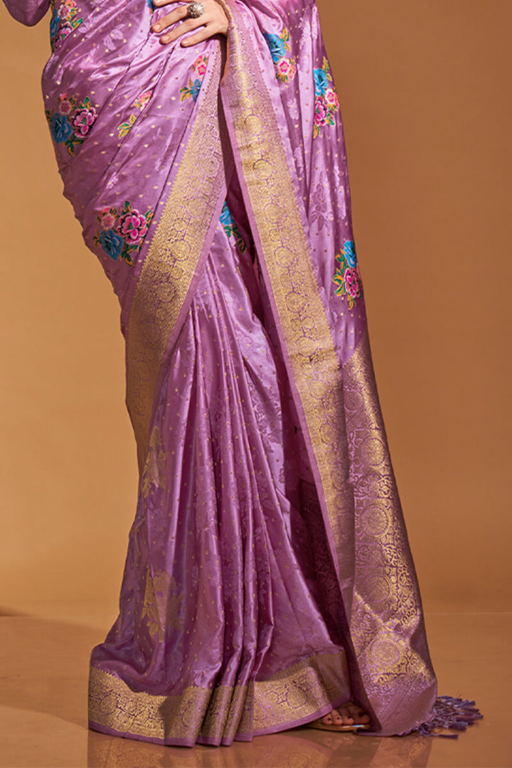 Bright Lavender Handloom Woven Satin Silk Saree