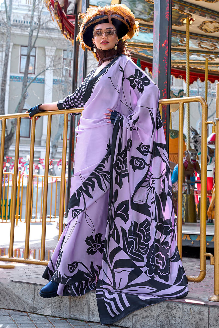 Bright Lavender Printed Satin Silk Saree