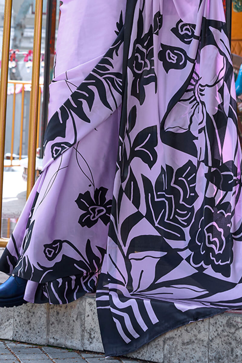 Bright Lavender Printed Satin Silk Saree