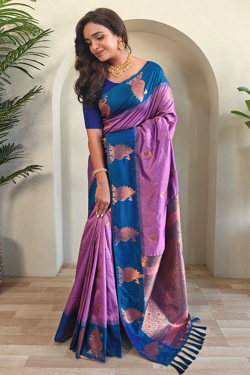 Bright Lavender Soft Banarasi Silk Saree With Chaap Border