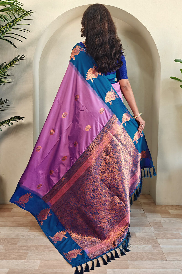 Bright Lavender Soft Banarasi Silk Saree With Chaap Border