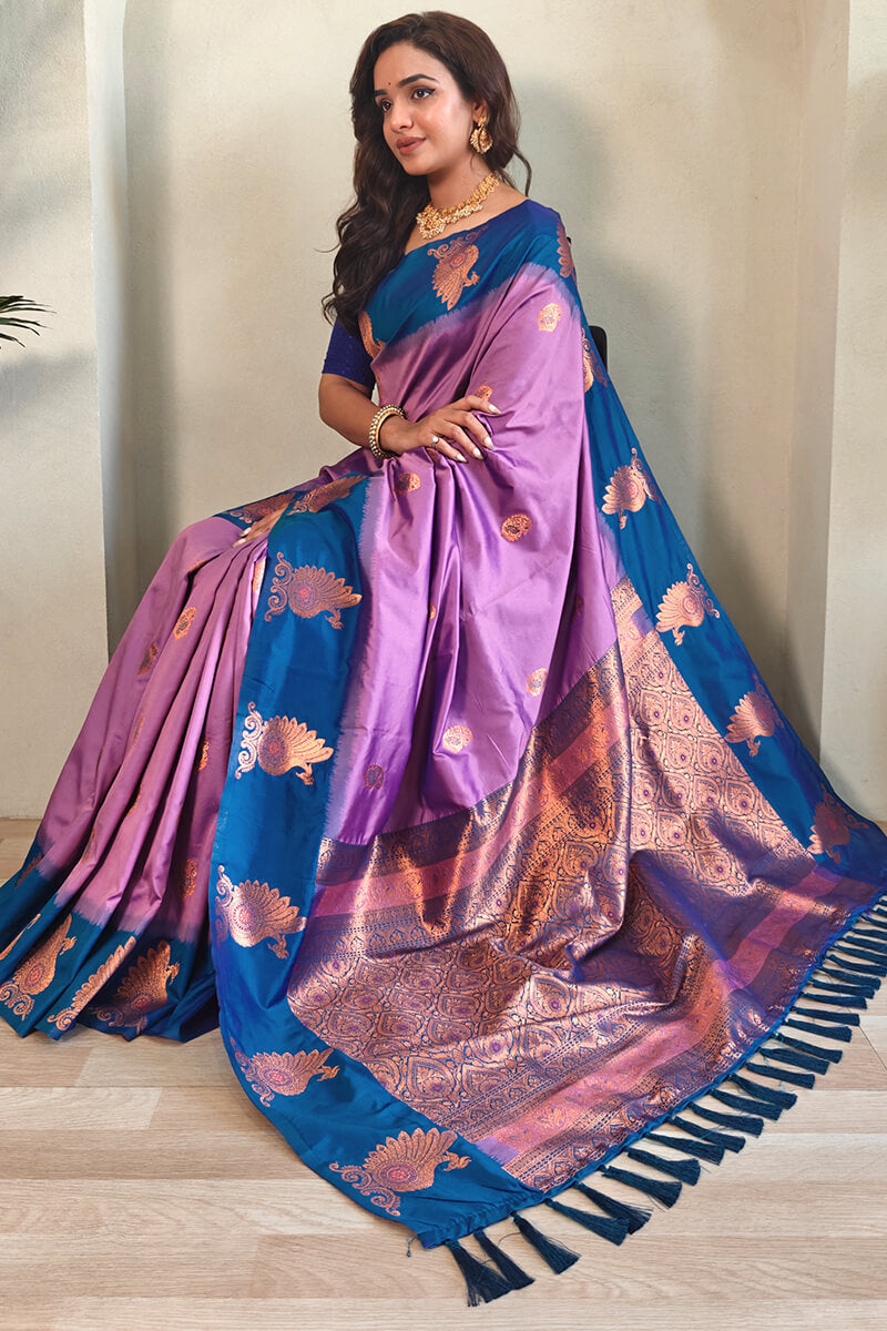 Bright Lavender Soft Banarasi Silk Saree With Chaap Border